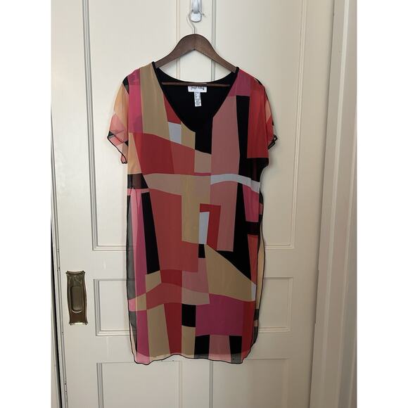 Joseph Ribkoff Geometric Sheer Overlay Sheath Dress Womens Size 4 Pink Groovy - Picture 1 of 6